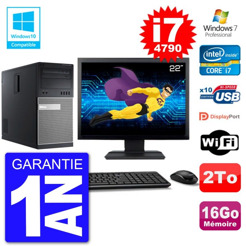 PC Tour DELL 9020 Ecran 22" Core i7-4790 RAM 16Go Disque 2To Graveur DVD Wifi W7