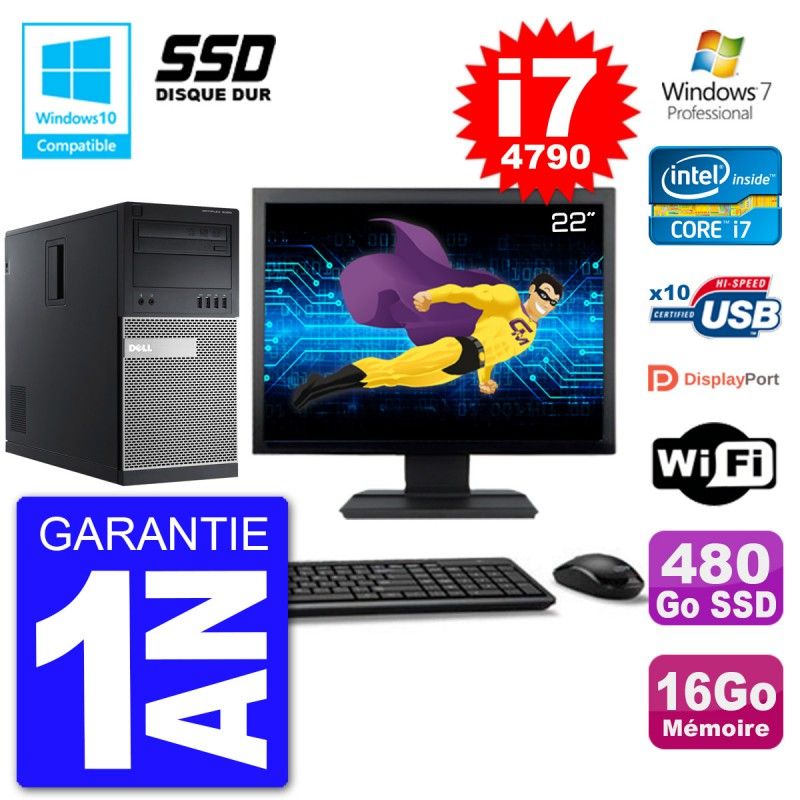 PC Tour DELL 9020 Ecran 22" Core i7-4790 RAM 16Go SSD 480Go Graveur DVD Wifi W7
