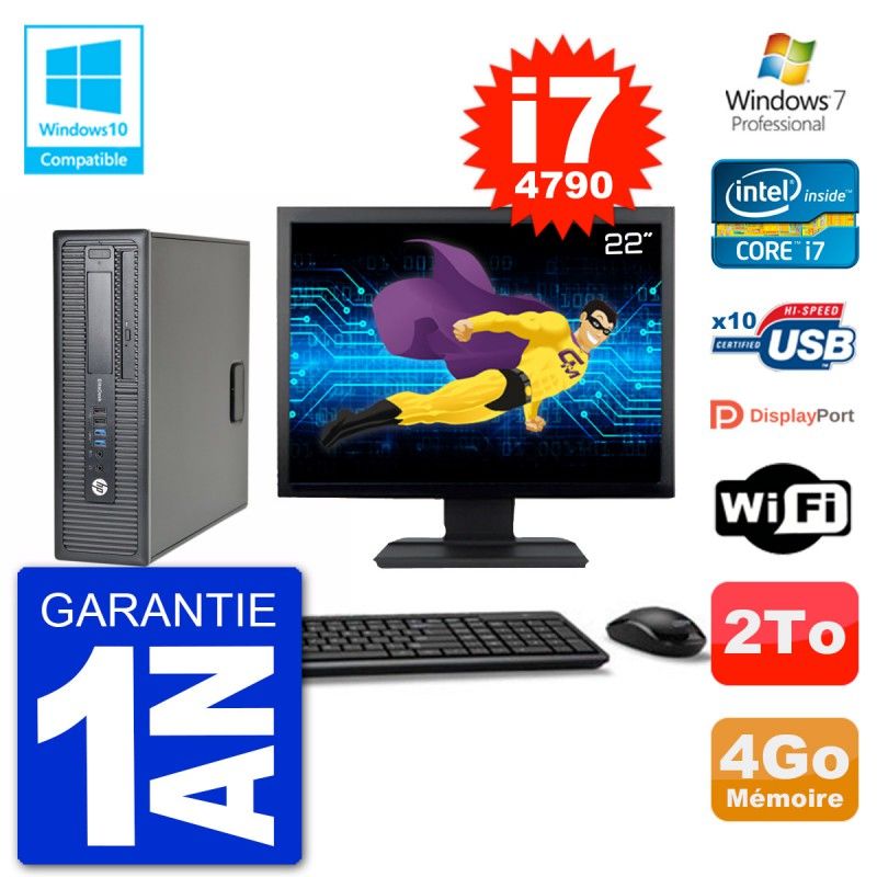 PC HP EliteDesk 800 G1 SFF Ecran 22" i7-4790 4Go Disque 2To Graveur DVD Wifi W7