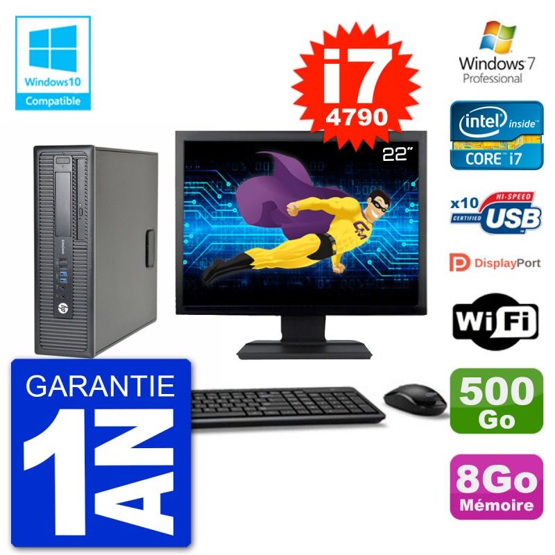 PC HP EliteDesk 800 G1 SFF Ecran 22" i7-4790 8Go 500Go Graveur DVD Wifi W7