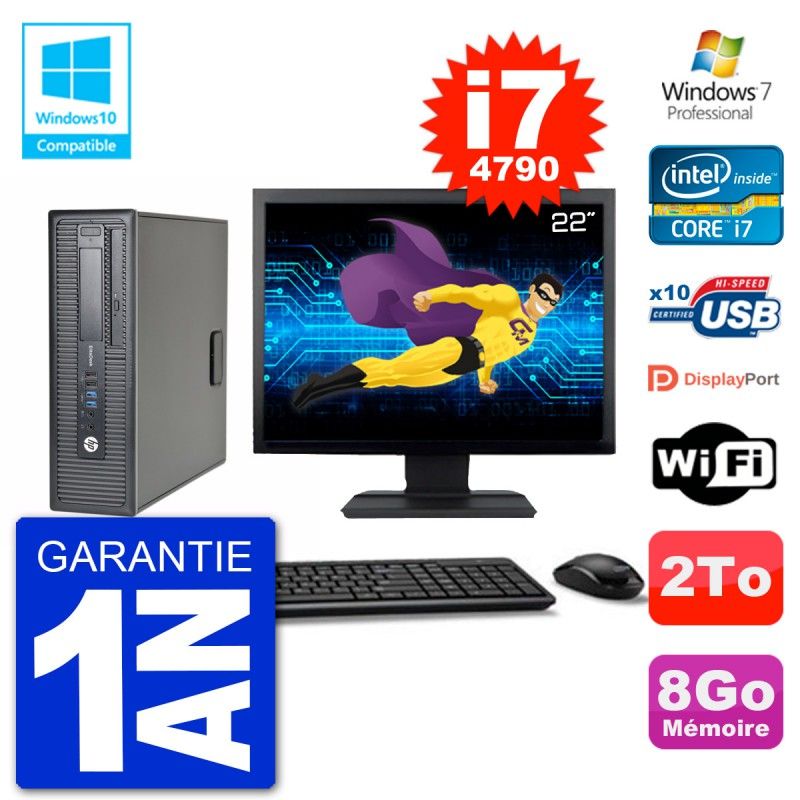 PC HP EliteDesk 800 G1 SFF Ecran 22" i7-4790 8Go Disque 2To Graveur DVD Wifi W7