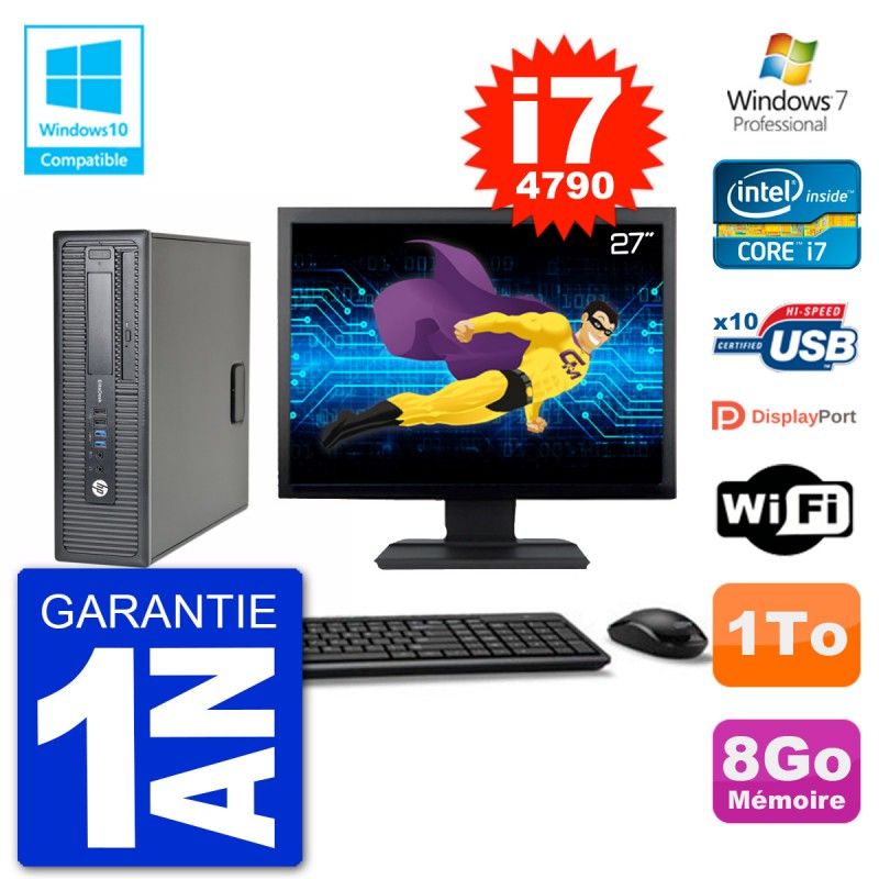PC HP EliteDesk 800 G1 SFF Ecran 27" i7-4790 8Go Disque 1To Graveur DVD Wifi W7