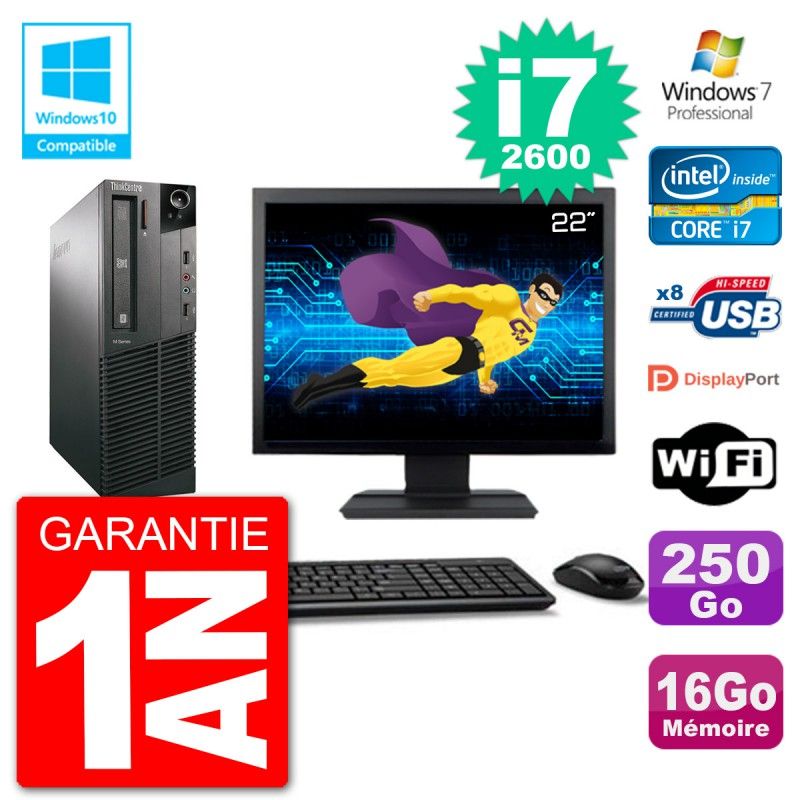 PC Lenovo M82 SFF Ecran 22" i7-2600 RAM 16Go Disque 250Go Graveur DVD Wifi W7