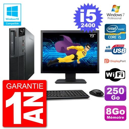 Lenovo M82 SFF Desktop Computer - 19" Screen, i5-2400, 8GB RAM, 250GB HDD, DVD Drive, Wifi, Windows 7 Pro