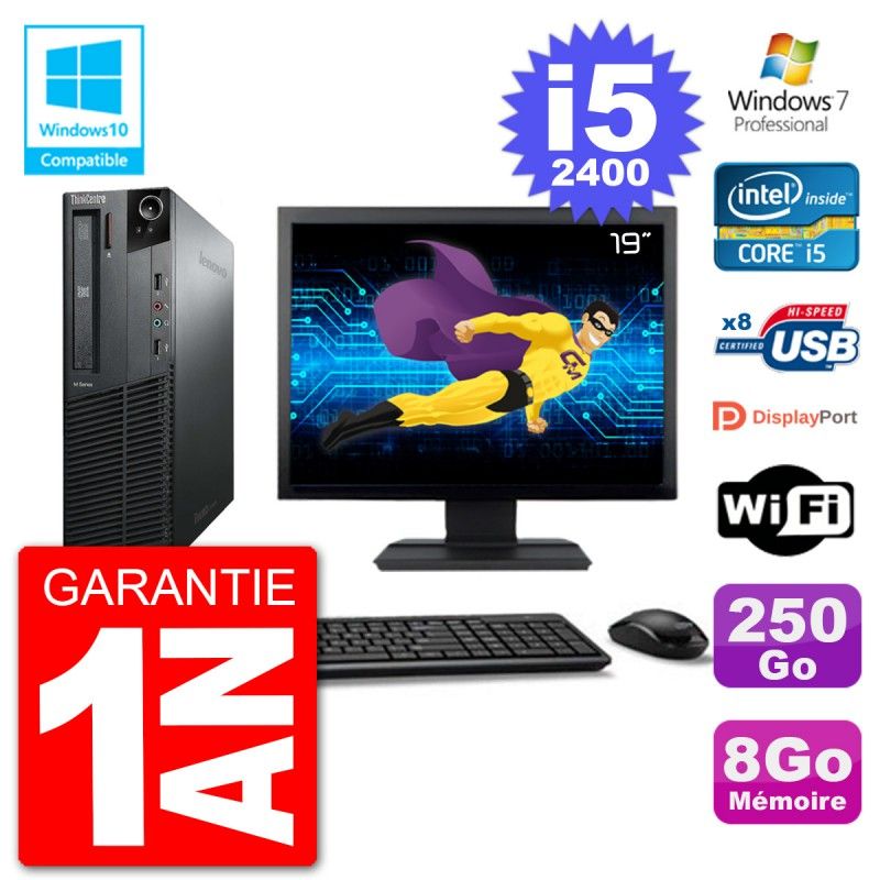PC Lenovo M82 SFF Ecran 19" i5-2400 RAM 8Go Disque 250Go Graveur DVD Wifi W7