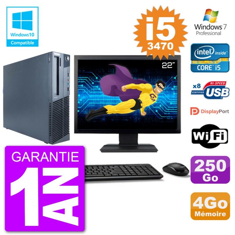 PC Lenovo M82 SFF Ecran 22" i5-3470 RAM 4Go Disque 250Go Graveur DVD Wifi W7