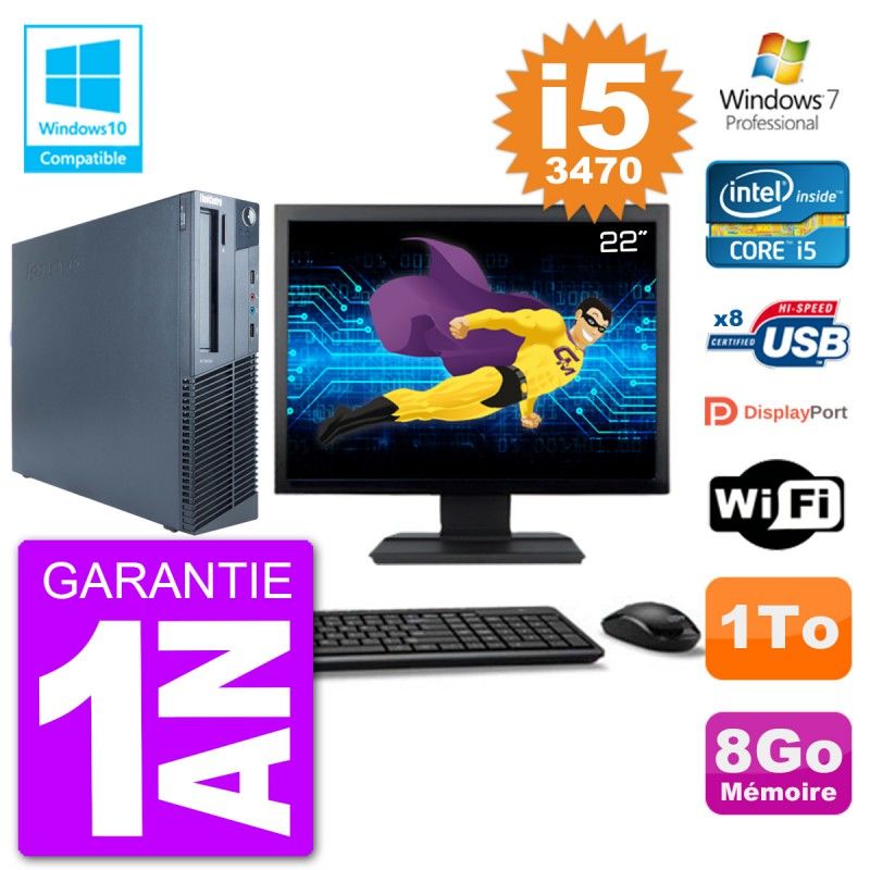 PC Lenovo M82 SFF Ecran 22" i5-3470 RAM 8Go Disque 1To Graveur DVD Wifi W7