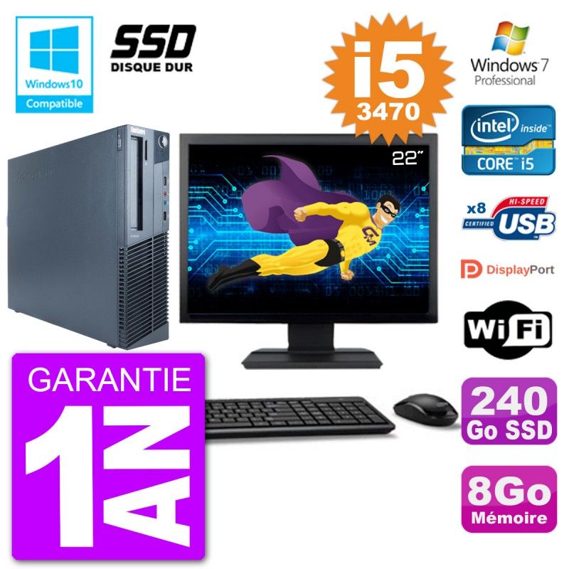 PC Lenovo M82 SFF Ecran 22" i5-3470 RAM 8Go SSD 240Go Graveur DVD Wifi W7