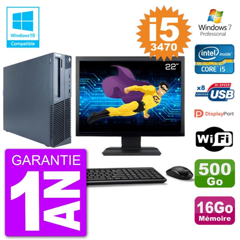 PC Lenovo M82 SFF Ecran 22" i5-3470 RAM 16Go Disque 500Go Graveur DVD Wifi W7