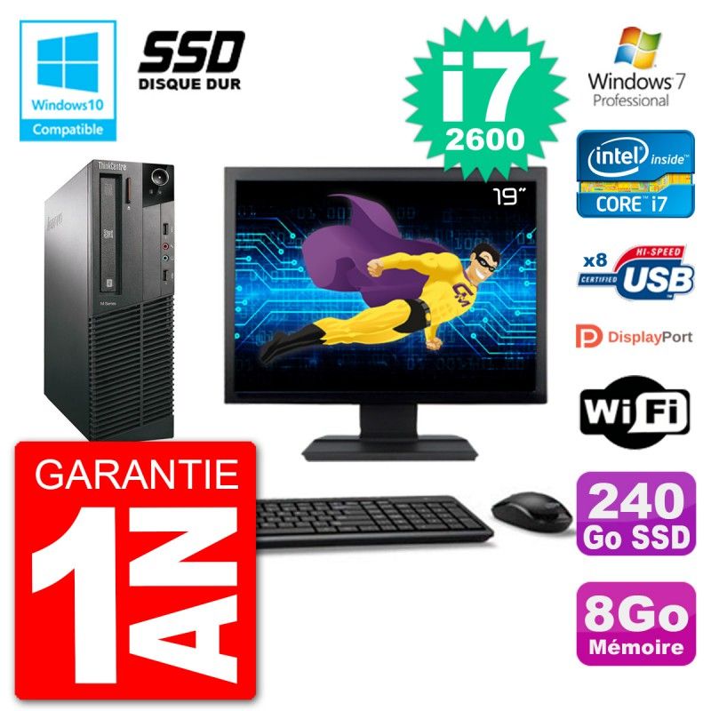 PC Lenovo M82 SFF Ecran 19" i7-2600 RAM 8Go SSD 240Go Graveur DVD Wifi W7