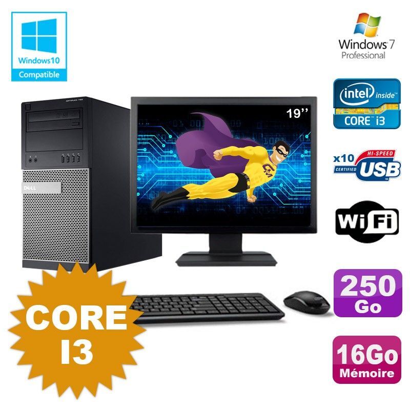 Lot PC Tour Dell 790 Intel Core I3 3.1Ghz 16Go 250Go DVD WIFI Win 7 + Ecran 19