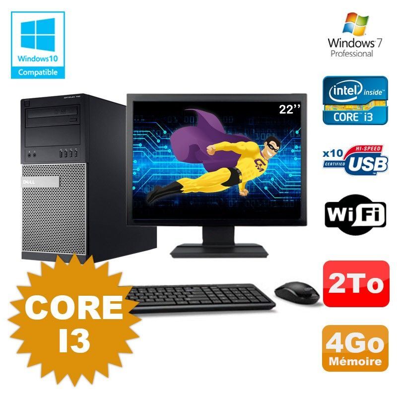 Lot PC Tour Dell 790 Intel Core I3 3.1Ghz 4Go 2To DVD WIFI Win 7 + Ecran 22