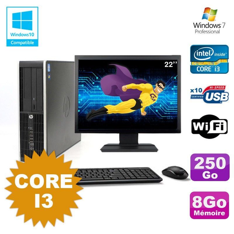 Lot PC HP Compaq 6200 Pro SFF Core i3 3.1GHz 8Go 250Go DVD WIFI W7 + Ecran 22
