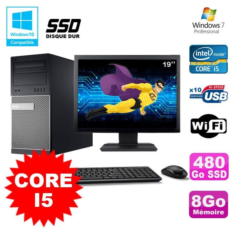 Lot PC Tour Dell 790 Core I5 3.1Ghz 8Go 480Go SSD DVD WIFI Win 7 + Ecran 19