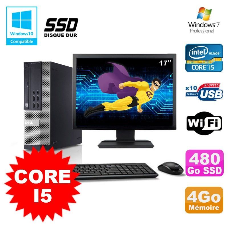 Lot PC DELL Optiplex 790 SFF Core I5 3,1Ghz 4Go 480Go SSD WIFI W7 + Ecran 17