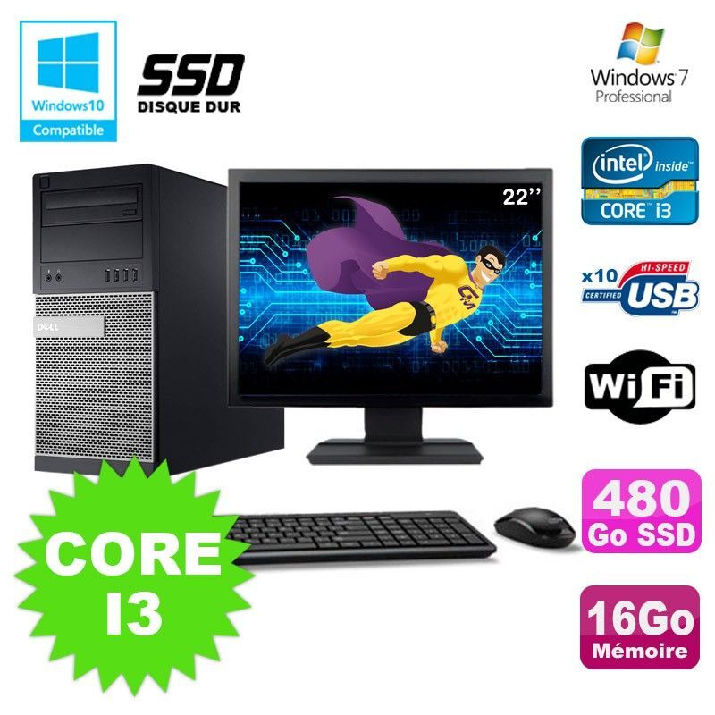 Lot PC Tour Dell 790 Core I3 3.1Ghz 16Go 480Go SSD DVD WIFI Win 7 + Ecran 22