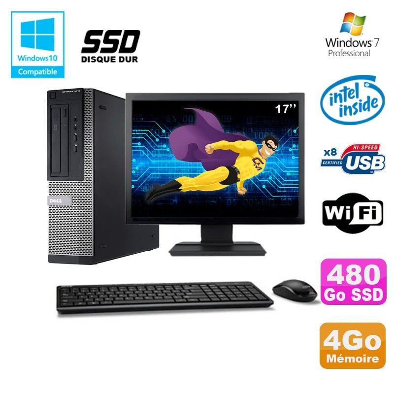 Lot PC DELL Optiplex 390 DT G630 2.7Ghz 4Go 480Go SSD Graveur WIFI W7 Pro + 17