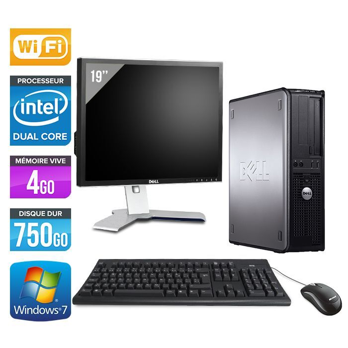 Dell Optiplex 780 Desktop + Ecran 19'' - Intel Core Duo E5300 / 2.60 GHz - RAM 4 Go - HDD 750 Go - DVD - GigaBit Ethernet - Wifi - Windows 7 Professionnel