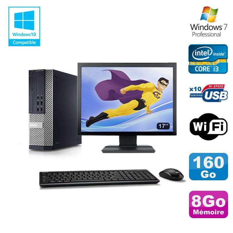 Lot PC DELL 790 SFF Intel Core i3-2120 3.3Ghz 8Go 160Go WIFI W7 Pro + Ecran 17