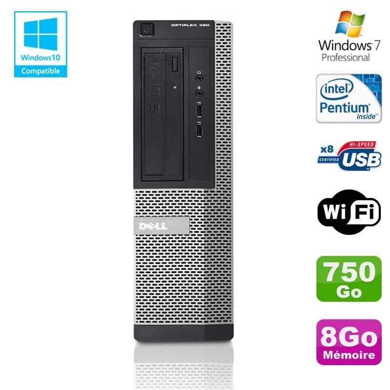 PC DELL Optiplex 390 DT G630 2.7Ghz 8Go 750Go Graveur DVD WIFI HDMI Win 7 Pro