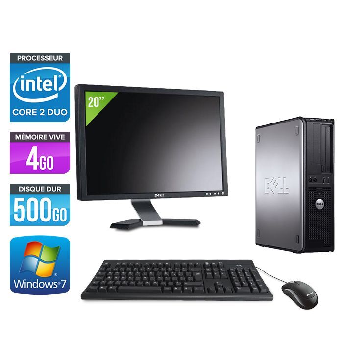 Dell Optiplex 780 Desktop + Ecran 20'' - Intel Core 2 Duo E7500 / 2.93 GHz - RAM 4 Go - HDD 500 Go - DVD - GigaBit Ethernet - Windows 7 Professionnel