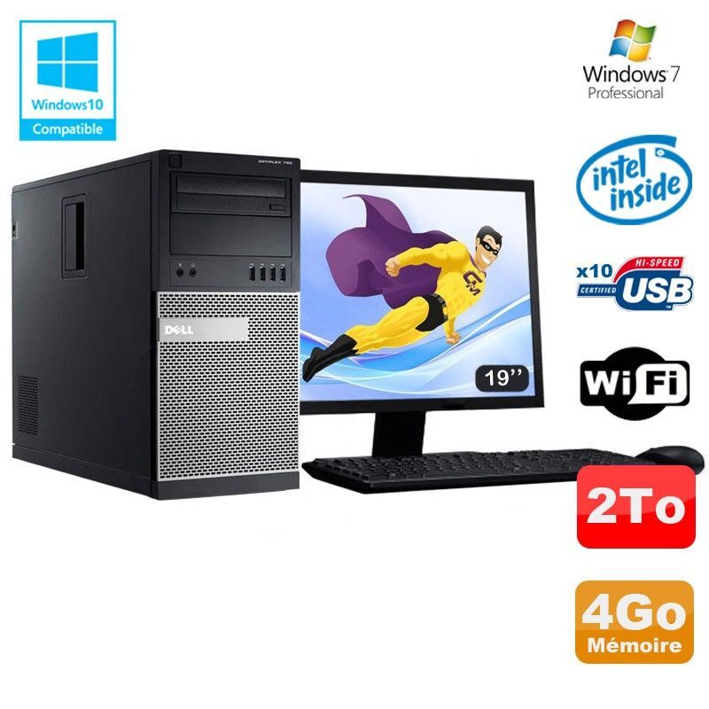 Lot PC Tour Dell 790 G630 2.7Ghz 4Go Disque 2000Go DVD WIFI Win 7 + Ecran 19