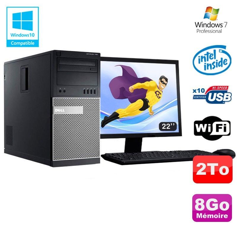 Lot PC Tour Dell 790 G630 2.7Ghz 8Go Disque 2000Go DVD WIFI Win 7 + Ecran 22