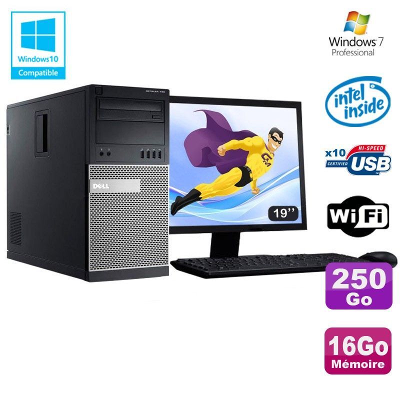 Lot PC Tour Dell 790 G630 2.7Ghz 16Go Disque 250Go DVD WIFI Win 7 + Ecran 19