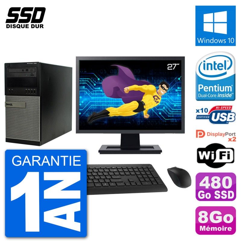 PC Tour Dell 7020 Ecran 27" Intel G3220 RAM 8Go SSD 480Go Windows 10 Wifi