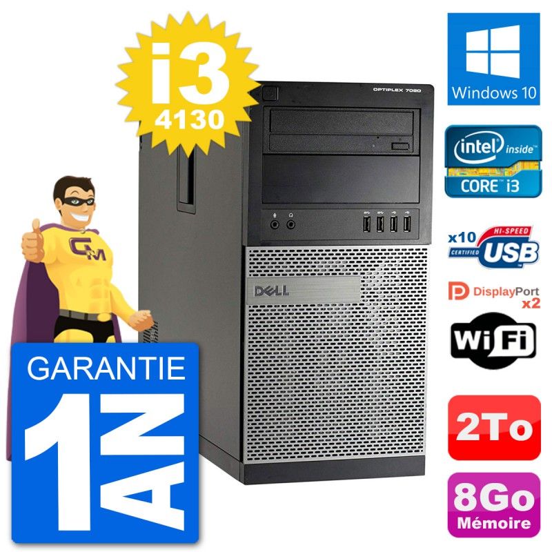 PC Tour Dell 7020 Intel Core i3-4130 RAM 8Go Disque Dur 2To Windows 10 Wifi