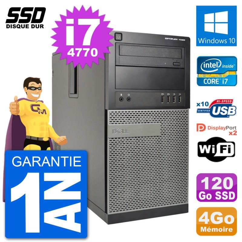 PC Tour Dell 7020 Intel Core i7-4770 RAM 4Go SSD 120Go Windows 10 Wifi