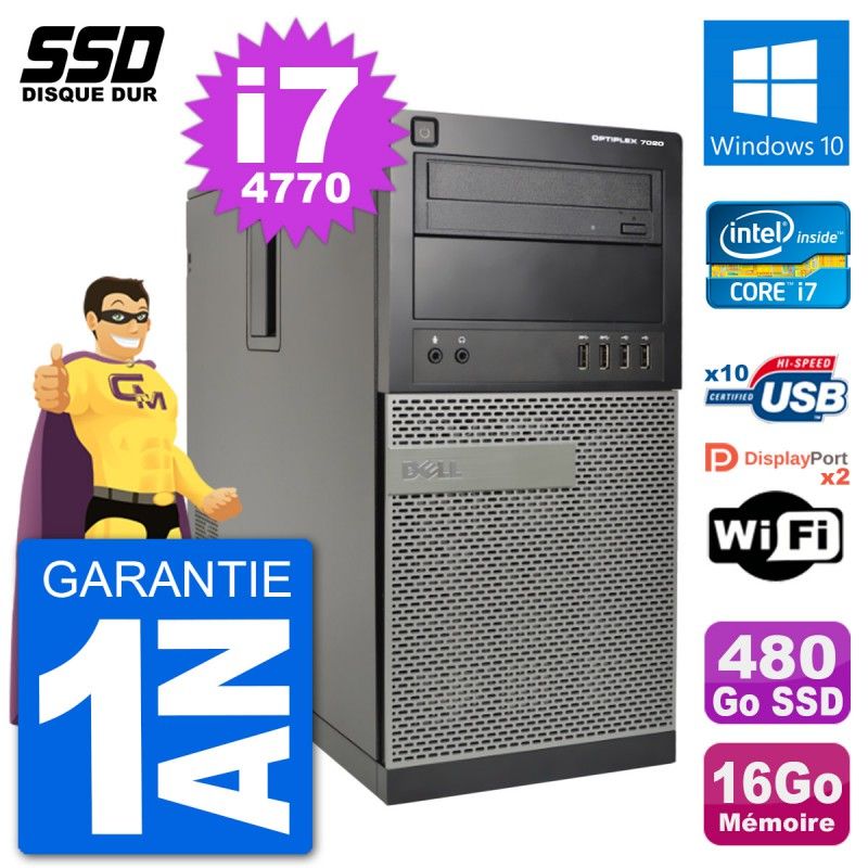 PC Tour Dell 7020 Intel Core i7-4770 RAM 16Go SSD 480Go Windows 10 Wifi