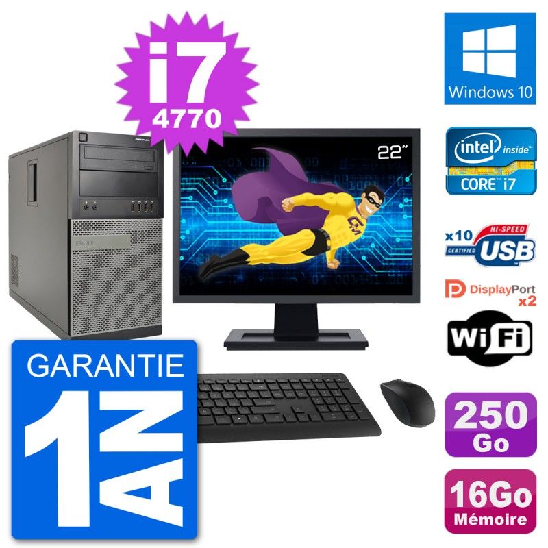 PC Tour Dell 7020 Ecran 22" Intel i7-4770 RAM 16Go Disque 250Go Windows 10 Wifi