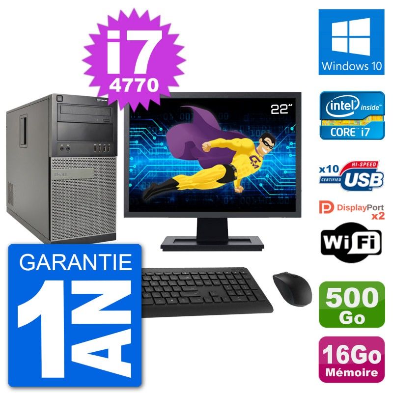 PC Tour Dell 7020 Ecran 22" Intel i7-4770 RAM 16Go Disque 500Go Windows 10 Wifi