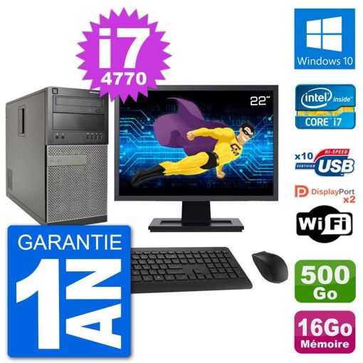 PC de escritorio Dell Optiplex 7020 - Pantalla de 22', Intel i7-4770, 16GB RAM, 500GB HDD, Windows 10, WiFi