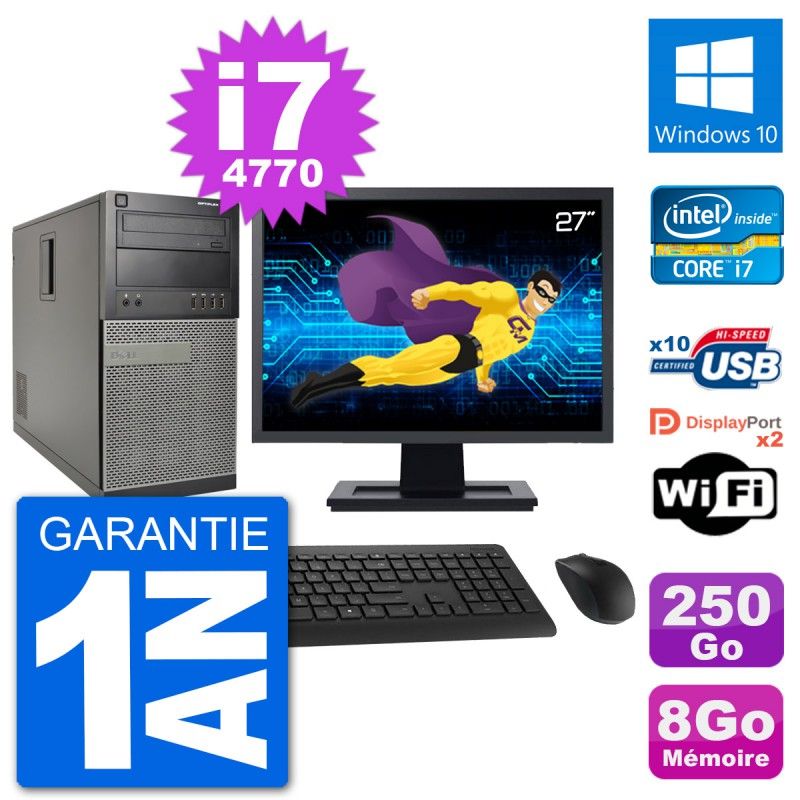 PC Tour Dell 7020 Ecran 27" Intel i7-4770 RAM 8Go Disque 250Go Windows 10 Wifi