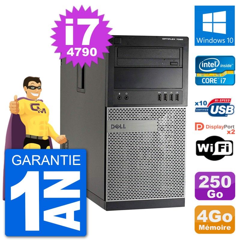PC Tour Dell 7020 Intel Core i7-4790 RAM 4Go Disque Dur 250Go Windows 10 Wifi