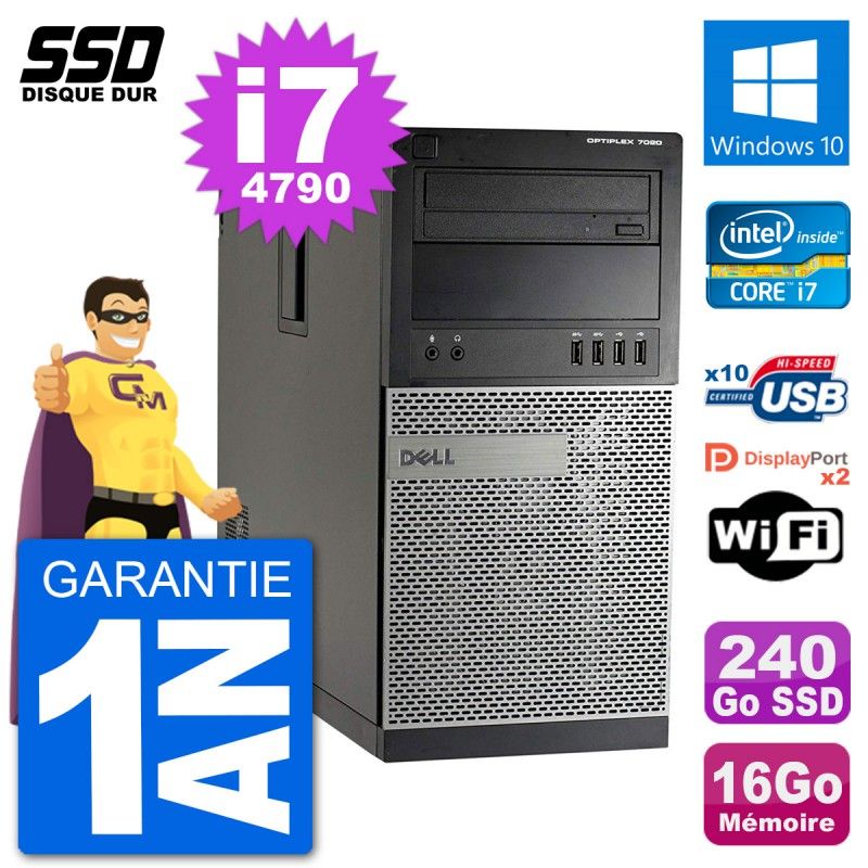 PC Tour Dell 7020 Intel Core i7-4790 RAM 16Go SSD 240Go Windows 10 Wifi