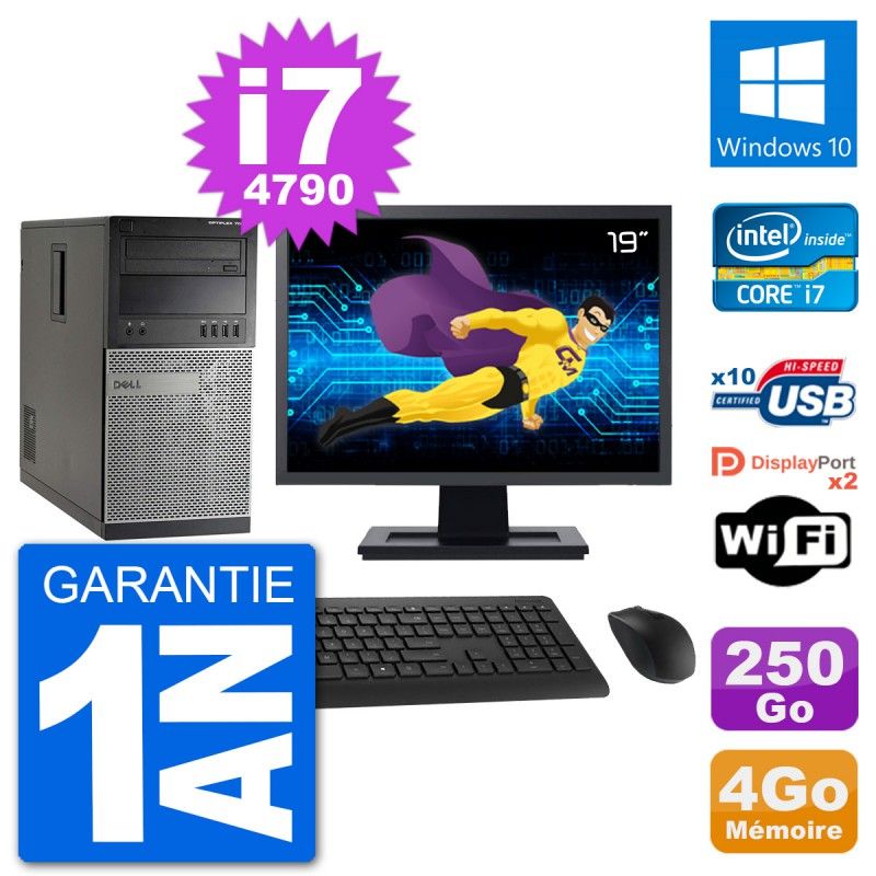 PC Tour Dell 7020 Ecran 19" Intel i7-4790 RAM 4Go Disque 250Go Windows 10 Wifi