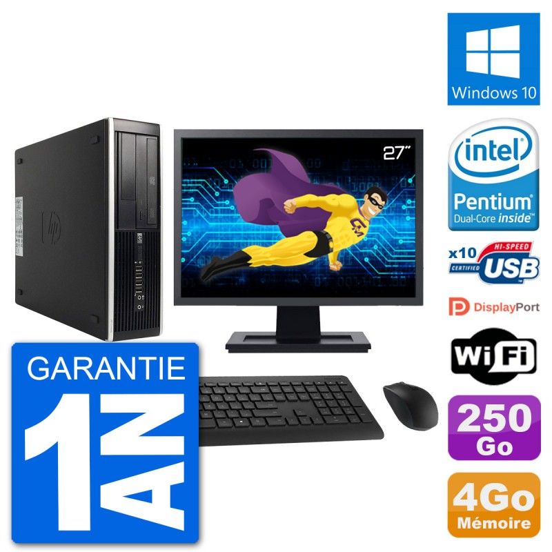 PC HP 8300 Elite SFF Ecran 27" Intel G630 RAM 4Go Disque 250Go Windows 10 Wifi