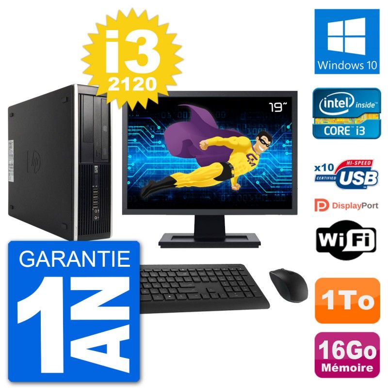 PC HP 8300 Elite SFF Ecran 19" Intel i3-2120 RAM 16Go Disque 1To Windows 10 Wifi