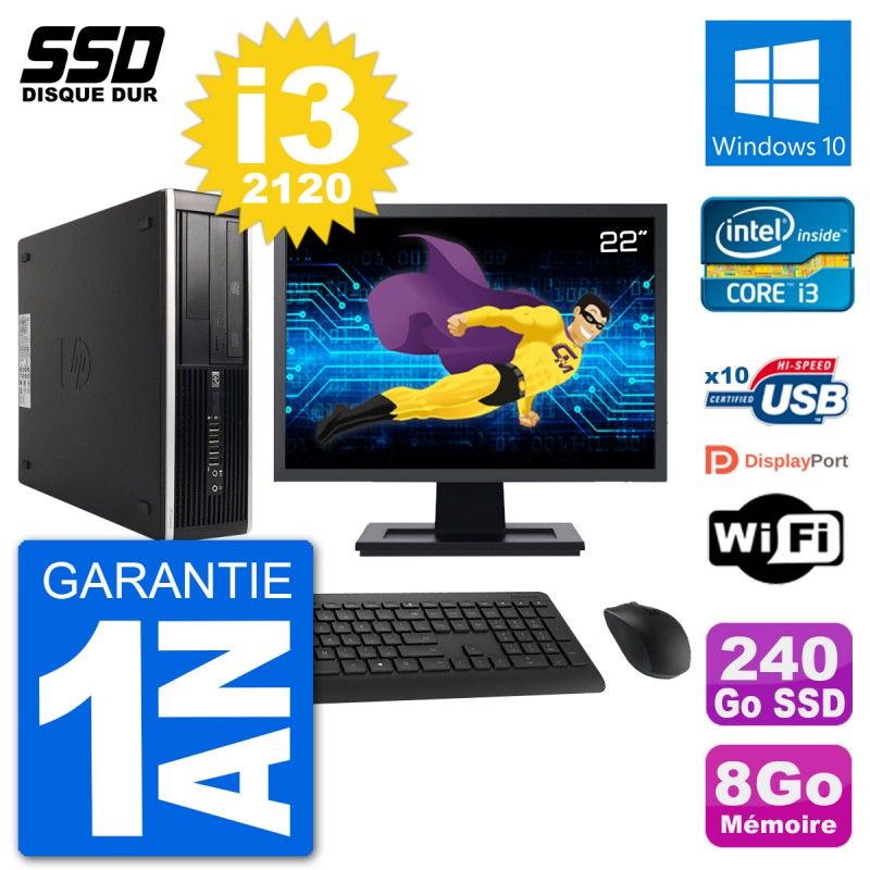 PC HP 8300 Elite SFF Ecran 22" Intel i3-2120 RAM 8Go SSD 240Go Windows 10 Wifi