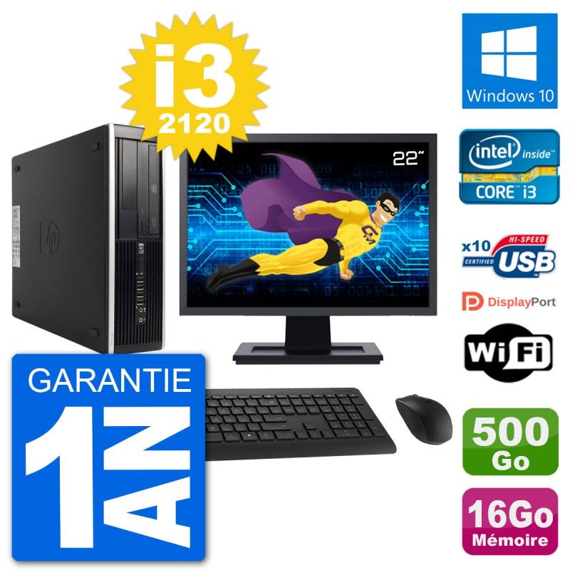 PC HP 8300 SFF Ecran 22" Intel i3-2120 RAM 16Go Disque 500Go Windows 10 Wifi