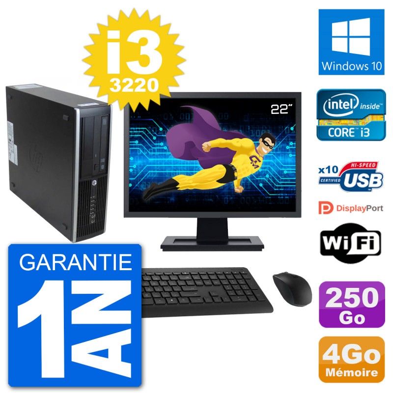 PC HP 8300 SFF Ecran 22" Intel i3-3220 RAM 4Go Disque 250Go Windows 10 Wifi