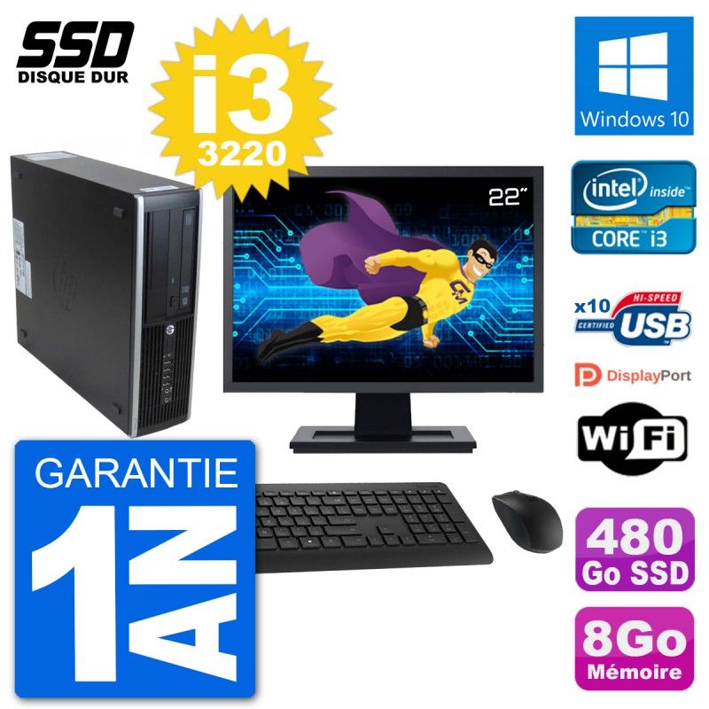 PC HP 8300 Elite SFF Ecran 22" Intel i3-3220 RAM 8Go SSD 480Go Windows 10 Wifi
