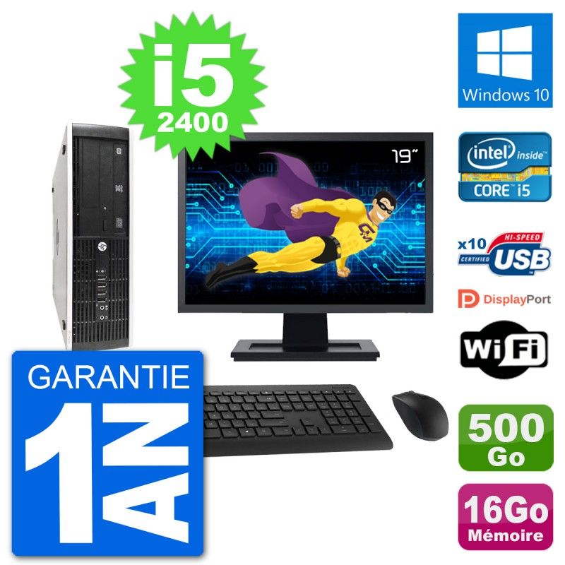 PC HP 8300 SFF Ecran 19" Intel i5-2400 RAM 16Go Disque 500Go Windows 10 Wifi