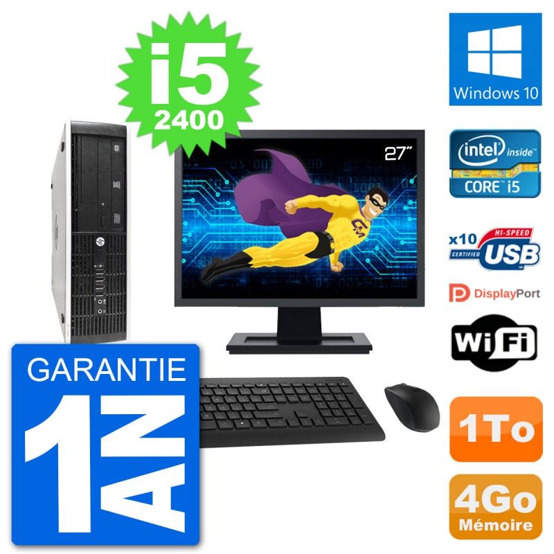 PC HP 8300 SFF Ecran 27" Intel i5-2400 RAM 4Go Disque Dur 1To Windows 10 Wifi