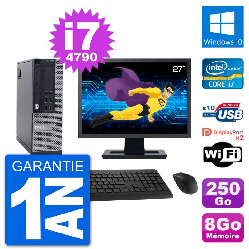 PC Dell 9020 SFF Ecran 27" Intel i7-4790 RAM 8Go Disque 250Go Windows 10 Wifi