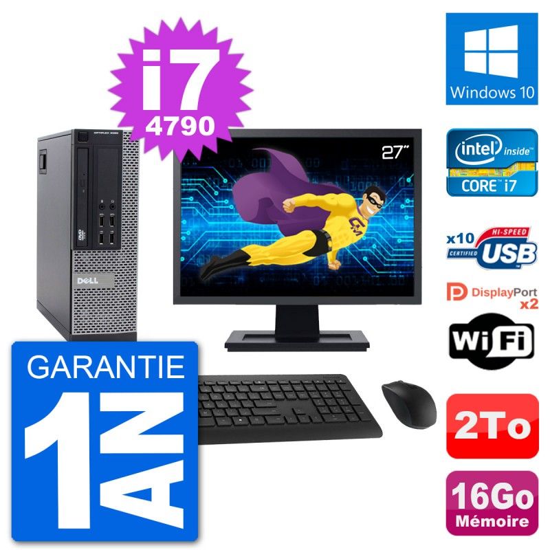PC Dell 9020 SFF Ecran 27" Intel i7-4790 RAM 16Go Disque 2To Windows 10 Wifi