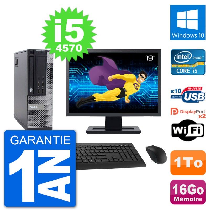 PC Dell 9020 SFF Ecran 19" Intel i5-4570 RAM 16Go Disque 1To Windows 10 Wifi